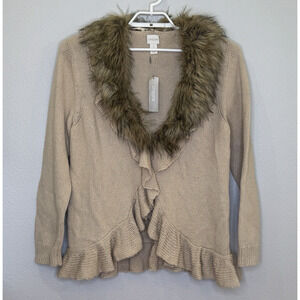 Chico's Sweater Cardigan Size 3 Tan Faux Fur Collar Ruffle Trim Long Sleeve NWT